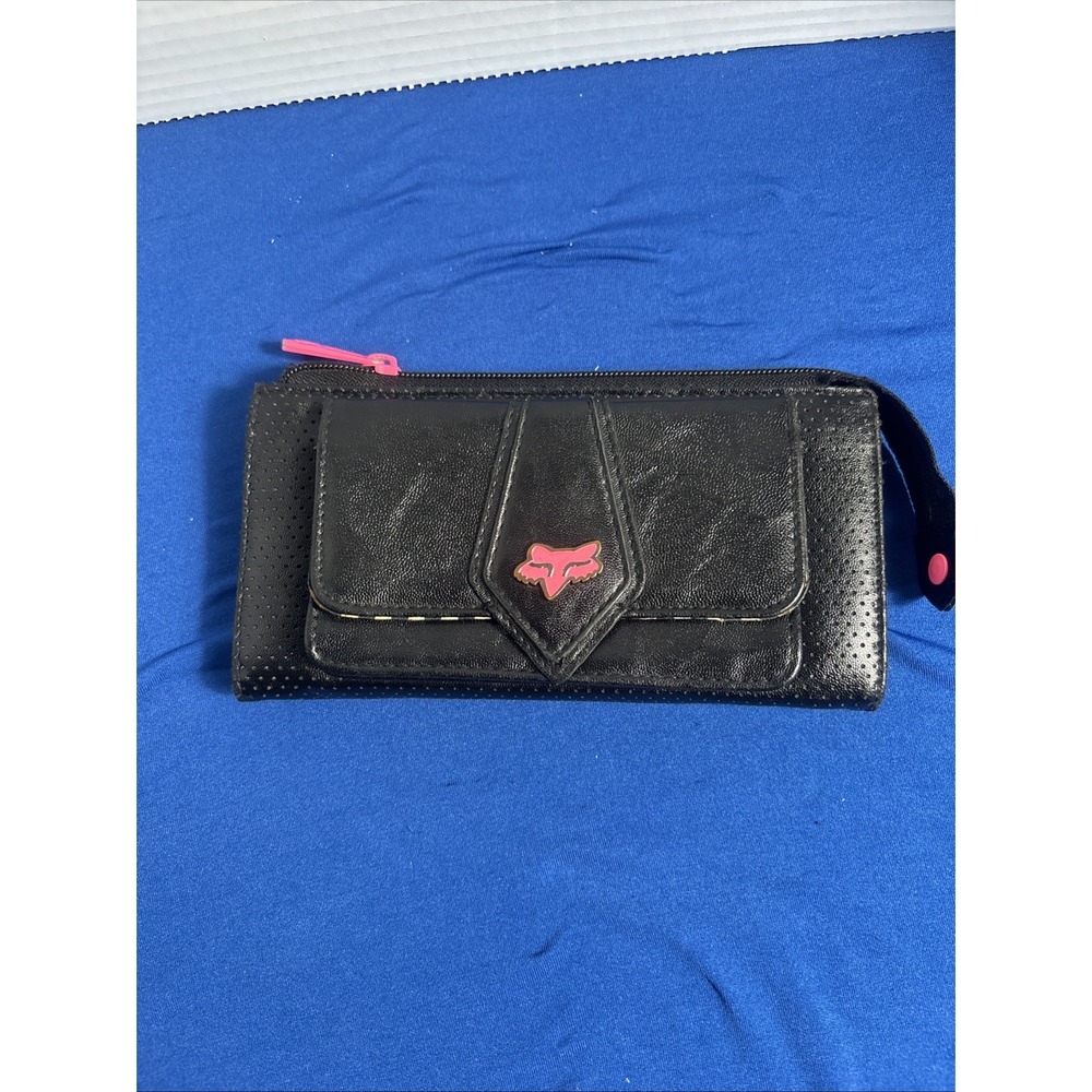 Ladies Fox Racing Black Pink Fox Logo Wallet 7.5"x 3.5" Y2K Retro Faux Leather